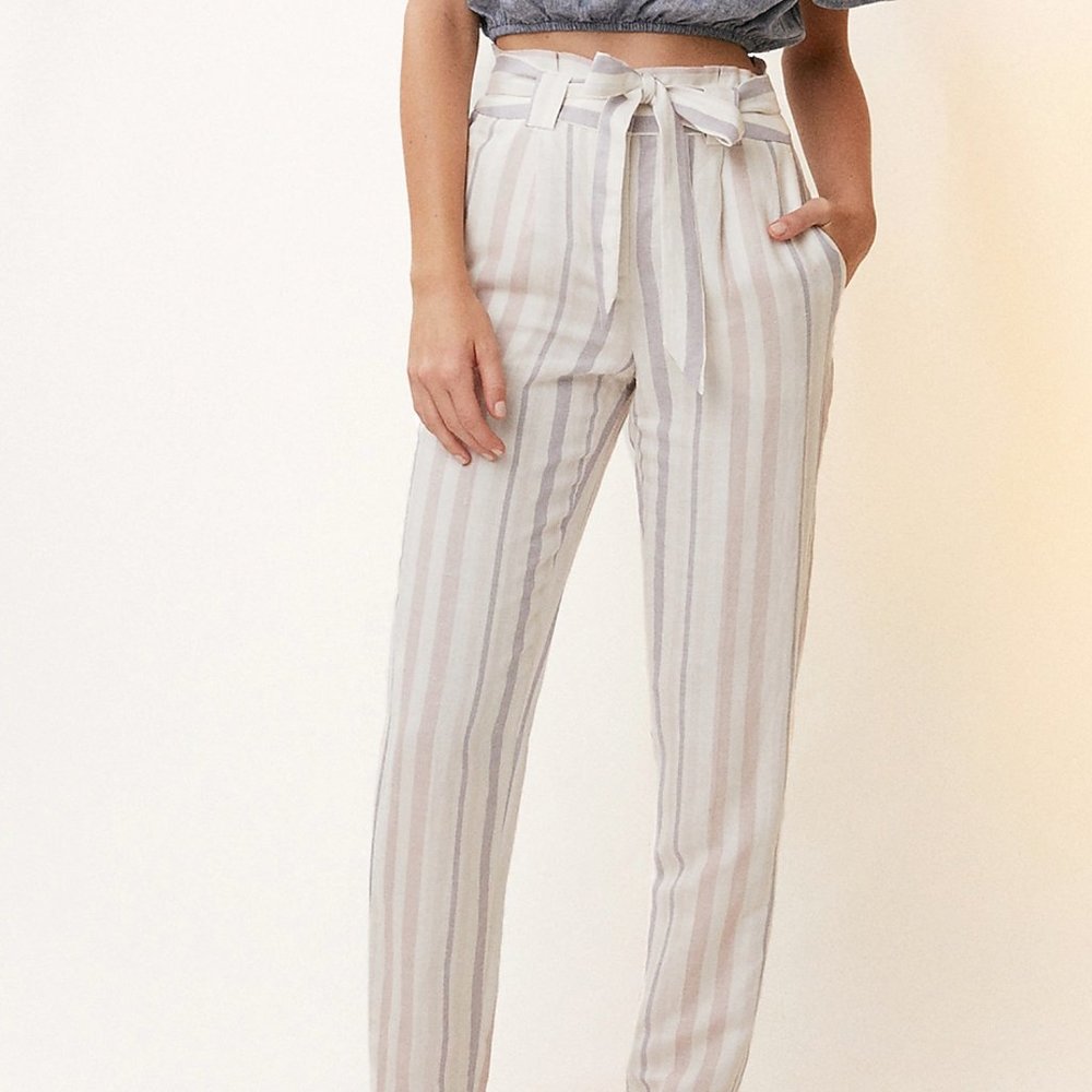 NWT Striped Linen-Blend Sash Waist Ankle Pant 2R!